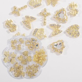 QIMYAR 36PCS Mixed Shapes Gold Glitter Nail Rhinestones Nail Crystal Diamond Nail Art Decorations Dollar Crown Heart Butterfly Bow Cross Nail Diamonds Alloy Nail Charms DIY Crafts Nail Accessories