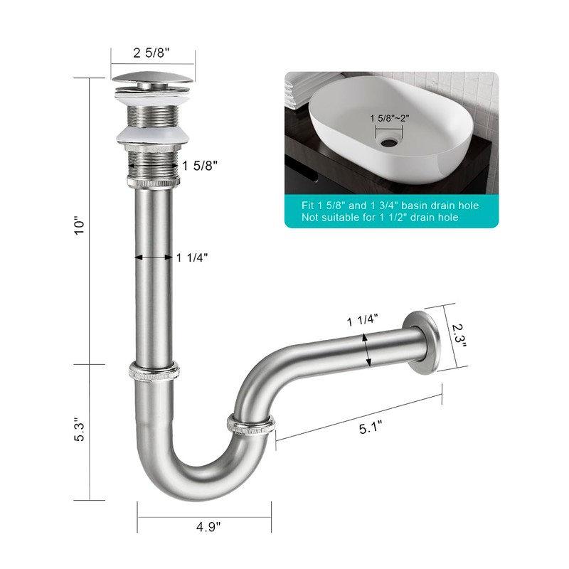 TSIBOMU Bathroom Sink U Shape Bottle Trap Complete Set, Adjustable