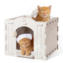 Apasiri Cat House Scratch-Resistant: Indoor Warm Enclosed Felt Bed Cave with Hanging Ball Toy, No-Tool Assembly Hideaway for Anxious Cats & Kittens, 13.4x13.4x9.85 Inch Interior