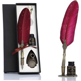 Feather Decor Dip Pen with 1 Black Ink & 2 Replacement Nibs, 1 Count Vintage Multipurpose Writing Tool for Calligraphy & Art, Writing Pens, Stationery Supplies, 2024 Fall Essentials, School Supplies - Color: Red, Size: one-size