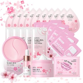Sakura Skin Care Sets & Kits - Skincare Set for Teenage Girls Gifts - Sakura Pamper Set - Facial Kit with Toner, Cleanser, Serum, Cream, Eye Mask, Lip Mask, Mud Mask, Sleeping Mask(24PCS)