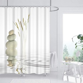 Uiiooazy Zen Shower Curtain, Spa Shower Curtain, Grey Pebble Stones Motifo Shower Curtain, Anti Mould, Waterproof Polyester Fabric, Opaque, Washable Bathroom Curtain with 12 Hooks for Bathroom, 180 W