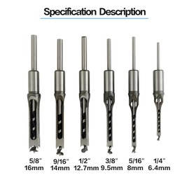 AeKeatDa 6pcs Square Hole Mortise Chisel Drill Bit Tools, 5/8" 9/16" 1/2" 3/8" 5/16" 1/4" for Precise Woodworking