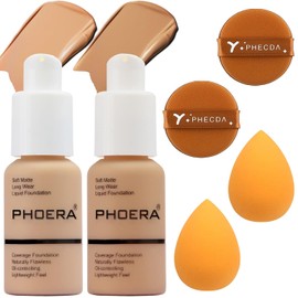 Liquid Foundation Set, 2 Count Flawless Foundation and Makeup Spong Set for Natural Look, Waterproof, Medium Coverage, Matte Finish, Oil-Control, Odorless, Super Stay Up to 12 Hour (104 &105)