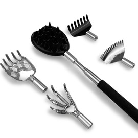 LUMITRRA Rückenkratzer Ausziehbar, Teleskop Kratzhand, Rückenmassagegerät mit 4 abnehmbaren Kratzköpfen, Verstärktem Griff aus Edelstahl, Linderung Juckreiz Im Geschenkset Ideal für Männer und Frauen