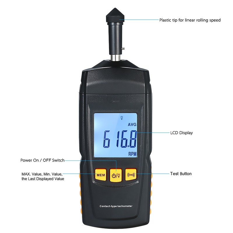 Digital Tachometer Handheld Contact Motor Tachometer LCD Speedometer Tach RPM