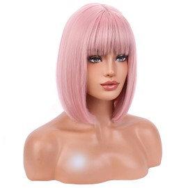 BERON Pelucas Rosas Para Mujer Con Flequillo, Cortas, Rectas, De 30 Cm, Sintéticas, Resistentes Al Calor, Para Cosplay, Fiestas, Disfraces O Uso Diario.