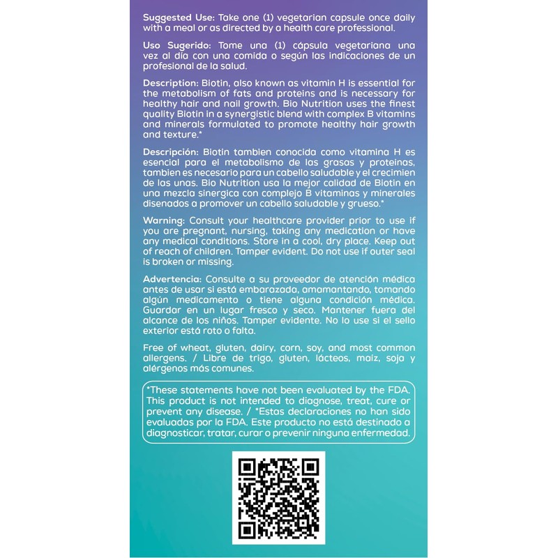Bio Nutrition Healthy Hair Biotin Vegi-Caps, 60 Count