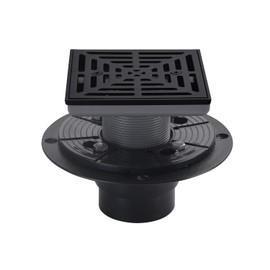 DEOKXZ 4-1/4 Inch Black Shower Drain Square, Base with Adjustable Drain Flange Kit PVC, Removable Grille Strainer Drain Cover with Screws, SUS304 Stainless Steel
