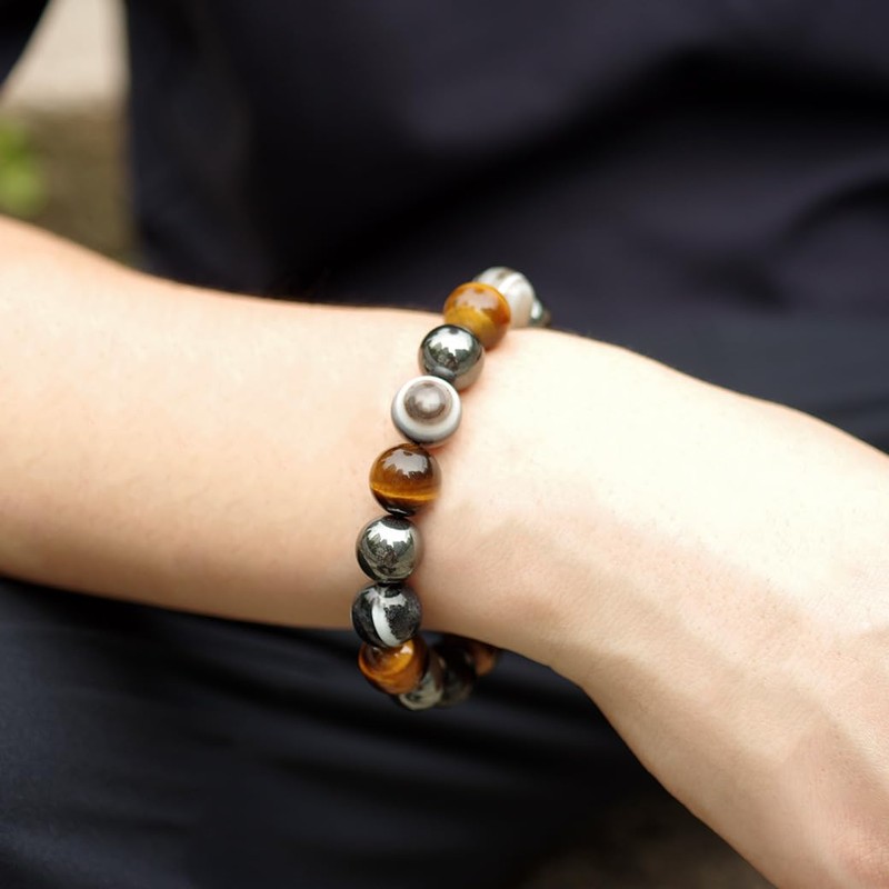 Gold Stone Tiger Eye Hematite Bracelet, 0.5 inches (12 mm),