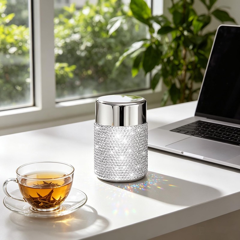 Svpolns Bling Rhinestone Tea Canister,Glitter Stainless Steel Tea Tin with