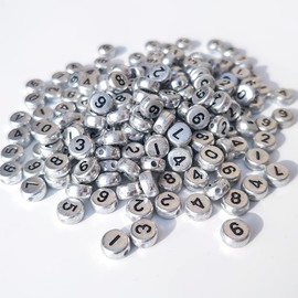 500+ Pieces 4x7mm Silver Round Acrylic Number Letter Beads 0-9 Mixed Plastic Shape Loose Beads for Jewelry Making Bracelets Necklaces Key Chains (Black on Silver)