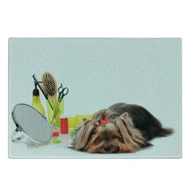 Lunarable Dog Lover Cutting Board, Yorkshire Terrier with Grooming Items Haircut Scissors Mirror Comb Print, Decorative Tempered Glass Cutting and Serving Board, Small Size, Multicolor