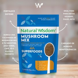 Mushroom Mix en Polvo 80g Concentración Estrés Energía Con Hongo Melena de Leon hongo Reishi, Cordyceps, Chaga, Maitake, Shiitake y Cola de Pavo Suplemento Natural Wisdom