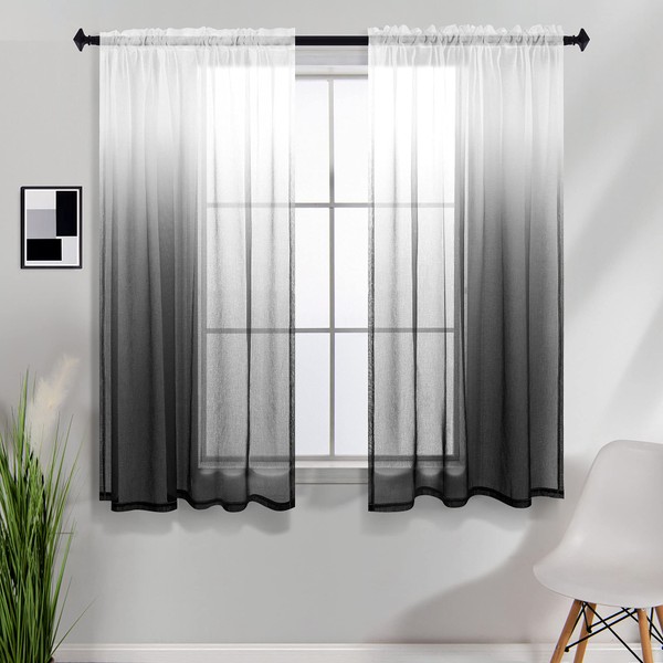 KOUFALL Bathroom Window Curtains for Shower Set of 2 Panels Black and White Sheer Ombre Short Curtains for Kitchen Bedroom Small Windows, 42 x 45 Inch Length