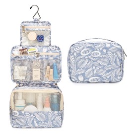 Travel Hanging Toiletry Wash Bag Makeup Cosmetic Organizer for Women Waterproof (Blue Leaf)