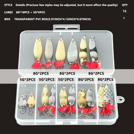 Donql Fishing Lures, Artificial Bait, Fishing Trout Spoon Set, 16 Pieces, 5 g - 8 g/pcs, Up to 70 m Casting Distance, Pig Bright Trout Spoons with Box, Metal Spoon, Hard Bait, Pike Bait, Trout Bait