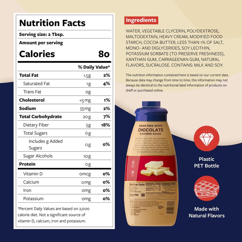 Torani Sugar Free White Chocolate Sauce for Crafting Coffeehouse Drinks,