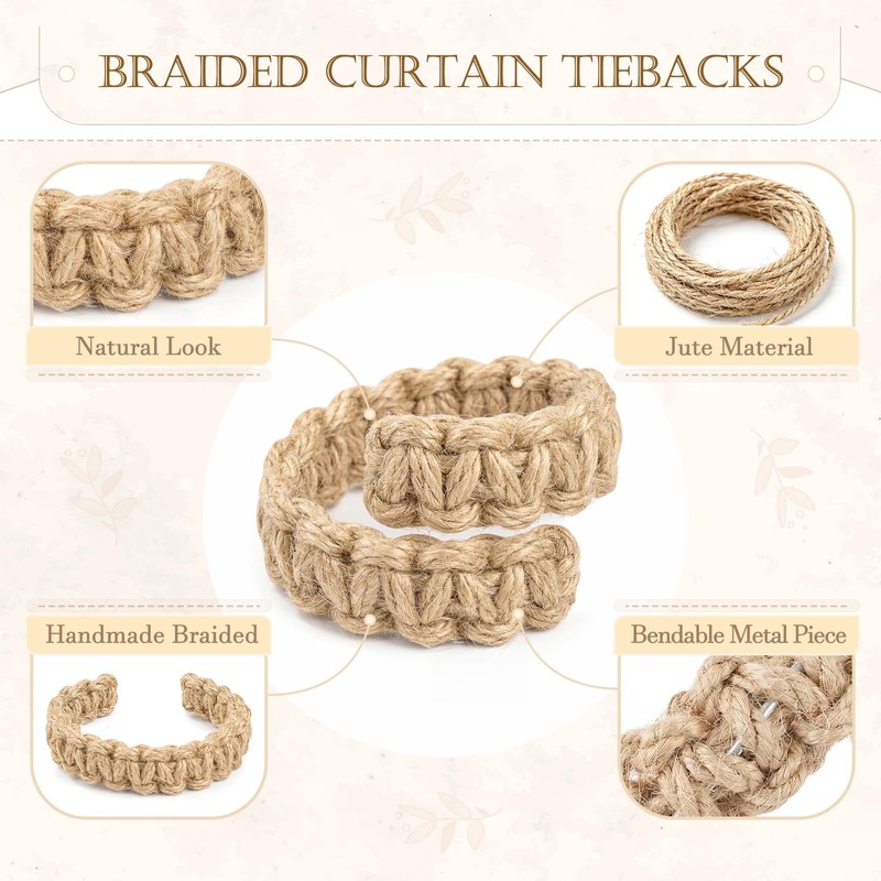 HOMEBROS Boho Curtain Tiebacks, Braided Curtain Holdbacks, Brown, 4 Pcs