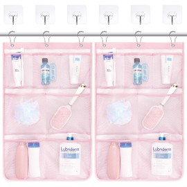 F-color Cruise Essentials 2025 - Mesh Shower Caddy Hanging - Quick Dry Shower Organizer, 7 Pockets Bathroom Organizer Bag Tote for Shampoo, Soap, Loofah, Pink, 2 Pack