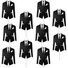 12Pcs Men's Suit Cupcake Toppers Glitter Black Tuxedo Cupcake Toppers Bridal Shower Party Decorations for Bride Groom Engagement Wedding Bridal Shower Party Supplies