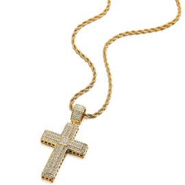 COOLSTEELANDBEYOND Men's Women's Stainless Steel Large Gold Necklace Cross Pendant with Zirconia and 75 cm Steel Rope Chain, Stainless steel, metal, steel, Cubic Zirconia