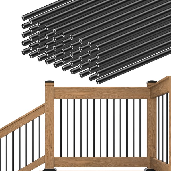 Muzata 50Pack 26" Aluminum Deck Balusters Round Black Deck Railing Stair Porch Staircase Spindles 3/4" Diameter Hollow for Wood and Composite Deck, WT02