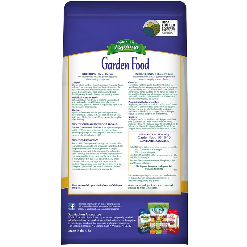 Espoma 10-10-10 Garden Food, 6.75-Pound Bag; Promotes Growth in All