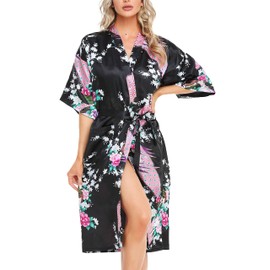 Lovasy Kimono Dressing Gowns Satin Kimono Robe Peacock and Blossoms Silk Dressing Gown for Women UK Long Silk Bride and Bridesmaid Robes,Black,L