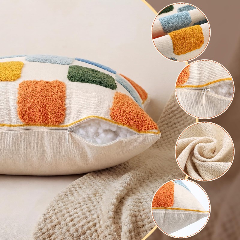 Mindsoft 2 Pcs Embroidered Plaid Throw Pillow Cover 18x18 Inches
