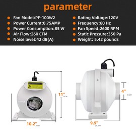 Dcfairfan 4 Inch Radon Fan, Quiet 260CFM Radon Mitigation System Inline Duct Fan IP67 Waterproof, High Airflow Exhaust Fan for Indoor Outdoor Air Ventilation