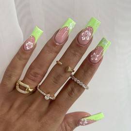 MERVF Square Press on Nails Medium Light Green French Tip Fake Nails Flower Squoval Press ons Acrylic Nails 24pcs Glossy False Nails