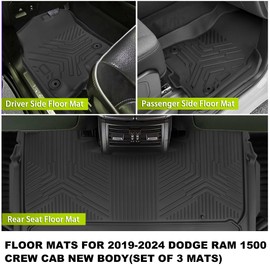Romswi Floor Mats for Dodge Ram 1500 Crew Cab 2019-2025 New Body (NOT Classic Models) Rear Row with Under-seat Storage Box All-Weather TPE Custom Fit, Bucket Seat 1st & 2nd Row