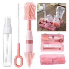 Travel Bottle Cleaner Kit, Anivona 5 in 1 Baby Bottle Cleaner Kit with Extendable Silicone Brush, Nipple Brush, Straw Brush, Soap Dispenser, Drying Rack, Ideal Gifts for Baby Travel Essential (Pink)