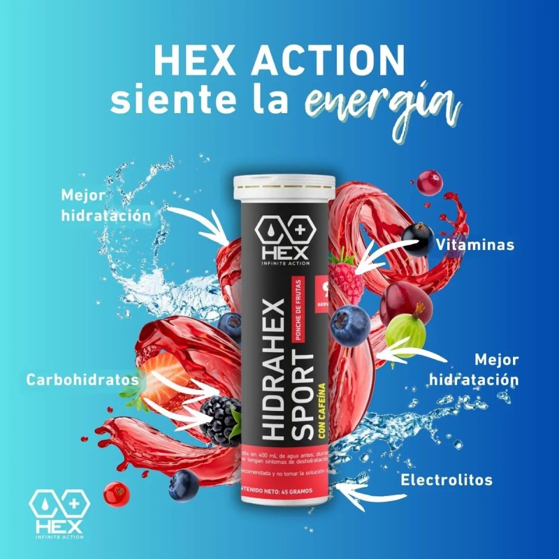 Tabletas Efervescentes Cafeína Hex, Ponche De Frutas 8 Tubos