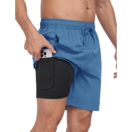 MoFiz Men Swim Trunks Short with Boxer Brief Liner Swimwear Surfing Beach Board Short Blue,L