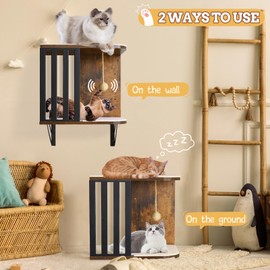 Cat Wall Shelves, 2-Tier Cat Wall Furniture, Small Cat Tree for Indoor Cats, Wood Cat Floating Shelf with Scratching Pad, Sisal Rope Ball, Wall Mounted Cat Tower Cat Perch for Nap, Climb, Play(Brown)