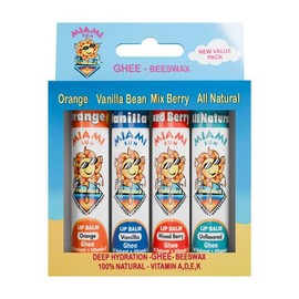 Miami Sun Natural Ghee Lip Balm, Hydrating Lip Treatment with Shea Butter & Beeswax, Organic & Non-Toxic, Best for Dry, Chapped Lips - Moisturizing, Healing, Chemical-Free Care (4 Gift Pack, Variety)