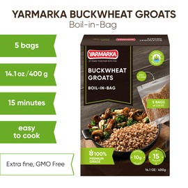 Yarmarka Boil-in-Bag Buckwheat Groats – 5 x 80g (14.1 oz) | Hulled Whole Grain Kasha, Gluten-Free, Natural & Pure, Raw Toasted Buckwheat, Quick-Cook Porridge, Non-GMO, Vegan