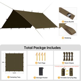 FREE SOLDIER Camping Tarp Waterproof Portable Multifunctional Outdoor Traveling Awning Backpacking Shelter Rain Tarp (Olive-Green 10×10.5ft)