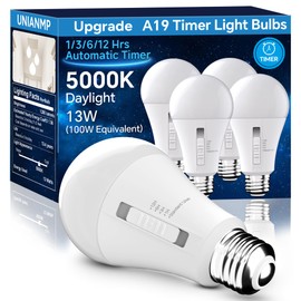 UNILAMP Timer Light Bulb Indoor: A19 Light Bulb with Timer Built in, 13W LED Bulbs 100 Watt Equivalent, 5000K Daylight, Indoor Outdoor Automatic Light Bulbs for Porch Lamps, 4 Pack
