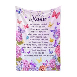 Huglanket Nana Gifts from Grandchildren, Grandma Gifts for Nana – Butterfly Flannel Throw Blanket for Grandma, Birthday, Mother’s Day, Christmas, 127cm × 165cm