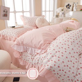 VM VOUGEMARKET Ruffle Duvet Cover Queen with Cute Red Flower Printed Reversible Pink Striped Lace Comforter Cover with Zipper Cotton Princess Bedding Set for Teen Girls
