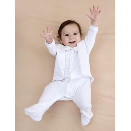 A&J DESIGN Baby Boy Baptism Outfit Infant Christening Footie Tuxedo with Bow Tie, White, 0-3 Months