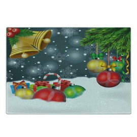 Ambesonne Christmas Cutting Board, Words Print with Original Celebration Objects with Presents and Candies Image, Decorative Tempered Glass Cutting and Serving Board, Small Size, Grey Yellow