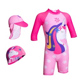 Traje de Baño Unicornio, Traje de baño para niñas con Protección UV, Diseño de Unicornio, Rosa, con Gorro de Natación y Gorra con Protector de Cuello, Ver Tabla para Tallas (MX/US, Alfa, 3, Rosa)