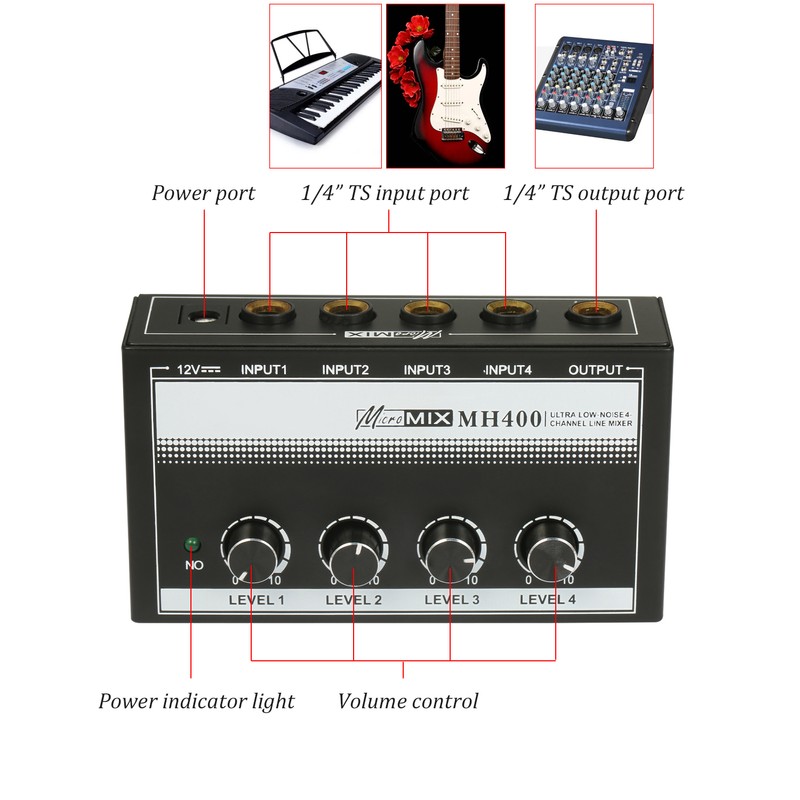 MH400 Ultra Low-Noise 4-Channel Line Mixer Mini Audio Mixer with