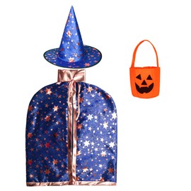 Formemory Halloween Cosplay, Witch, Children, Costume Cloak with Hat, Unisex, Kids Costume, Halloween, Christmas, Parties, Events, 3-Piece Set (Blue)