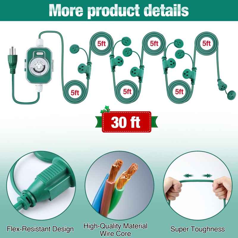Feekoon 30 Ft Outdoor Extension Cord with Outlet Timer, Evenly