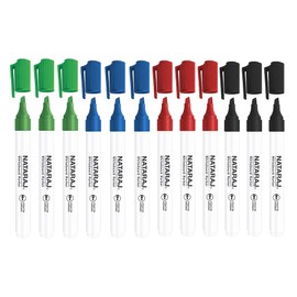 Nataraj 12 x Whiteboard Marker Pens 2.5mm Chisel Tip Blue, Black, Red, Green Erasable Dry Wipe Marker For Office and Home - Sold By VR Angel